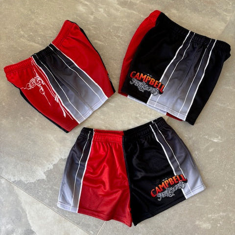 Campbells Footy Shorts | Black Red & Grey