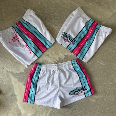 Campbells Footy Shorts | White Hot Pink & Teal